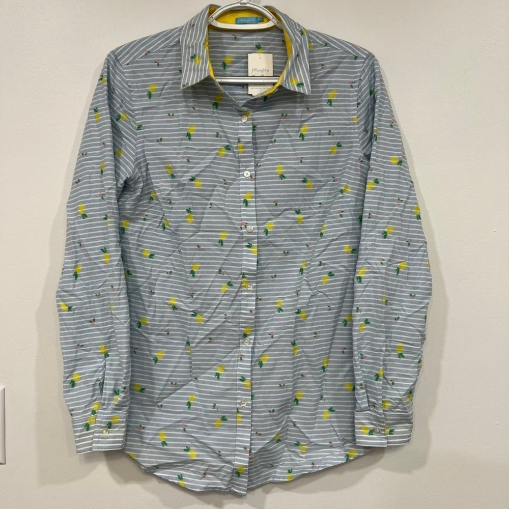 J Mclaughlin Womens Lois Blouse XS NWT $178 Cotton Button Lemon Blue Stripe
